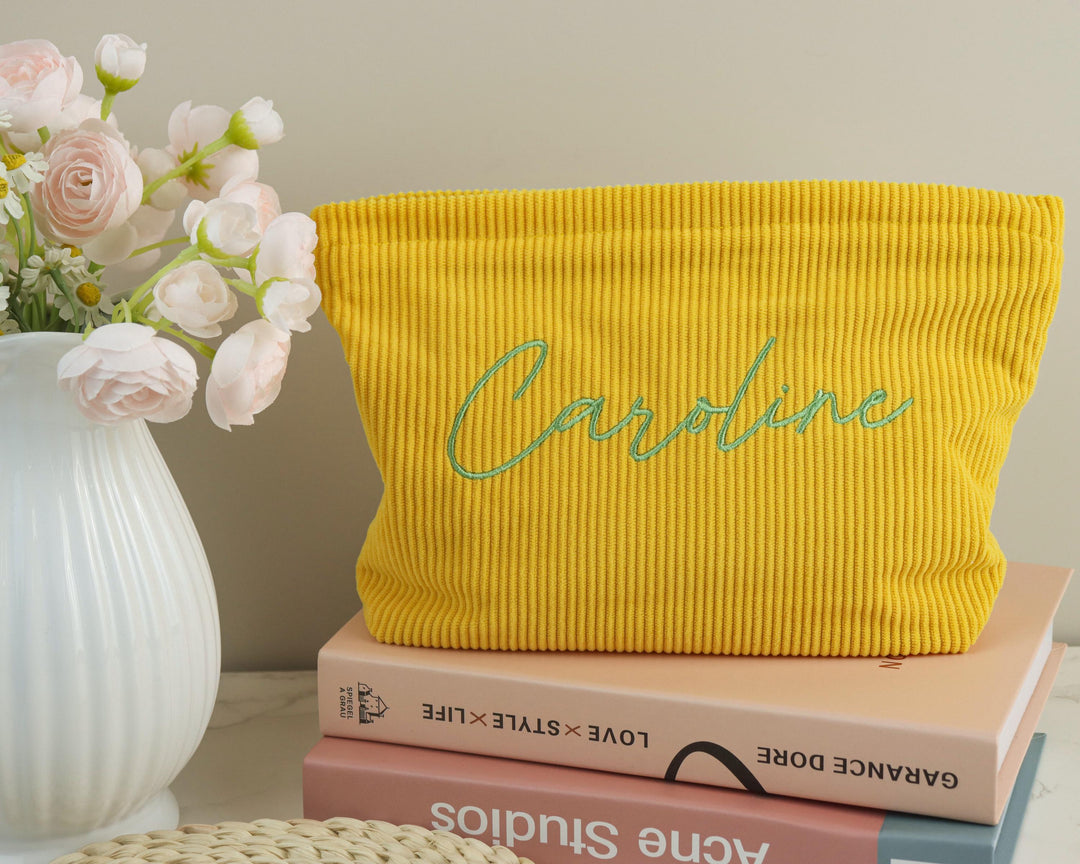 Personalized Embroidered Corduroy Makeup Bag – Custom Name Toiletry Pouch