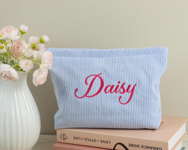 Personalized Embroidered Corduroy Makeup Bag – Custom Name Toiletry Pouch