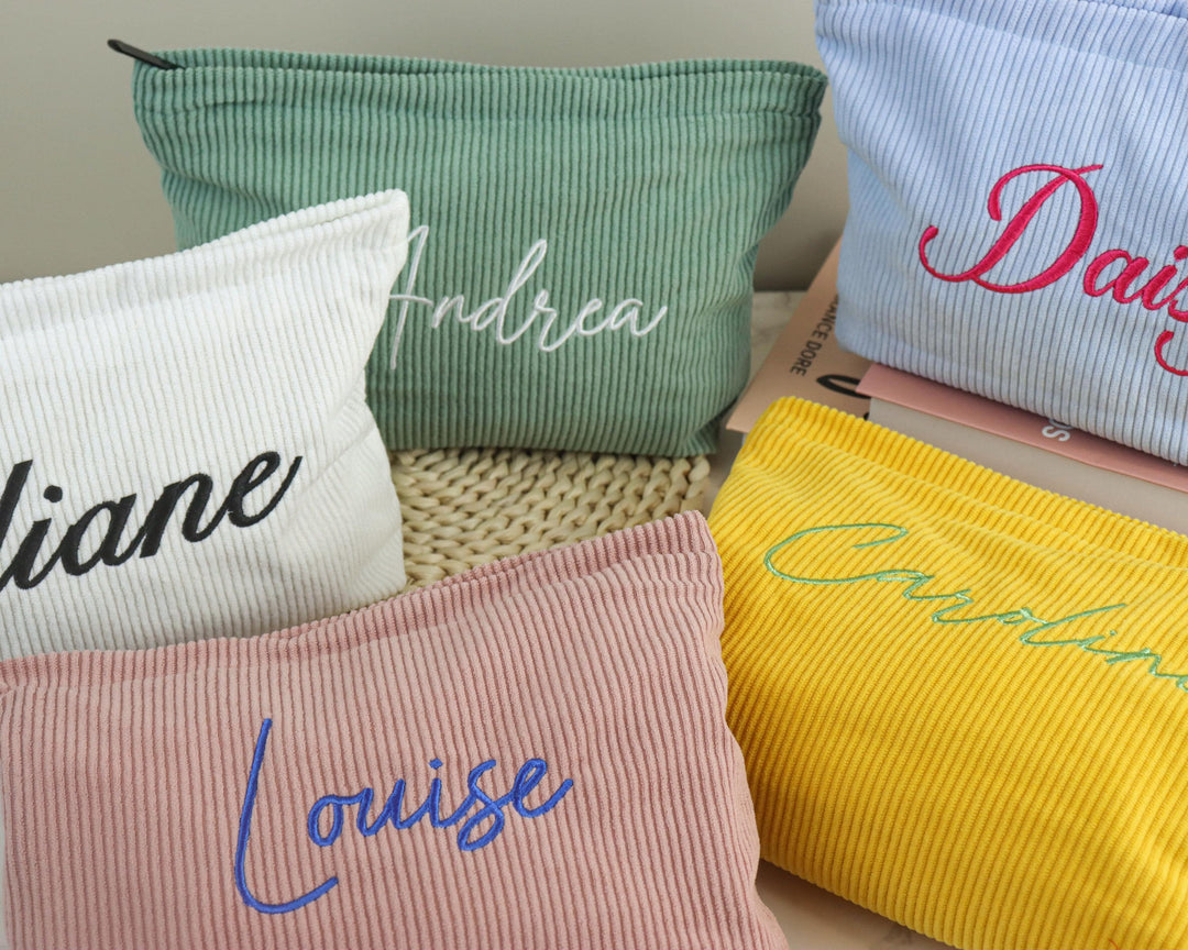 Personalized Embroidered Corduroy Makeup Bag – Custom Name Toiletry Pouch