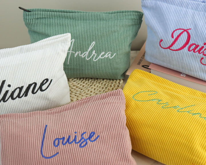 Personalized Embroidered Corduroy Makeup Bag – Custom Name Toiletry Pouch