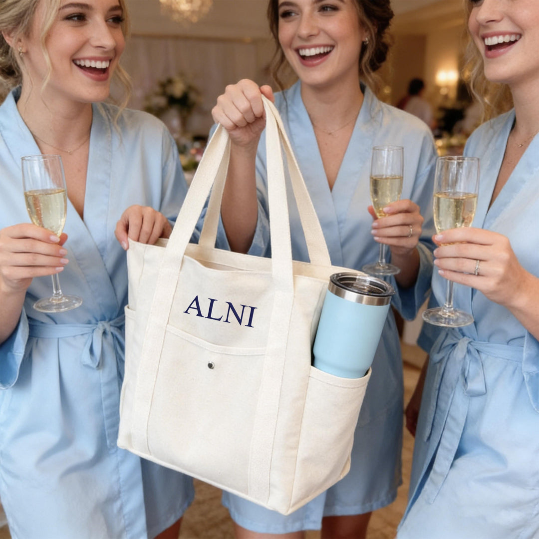 Personalized Embroidered Canvas Tote Bag – Custom Name Bag with Pockets