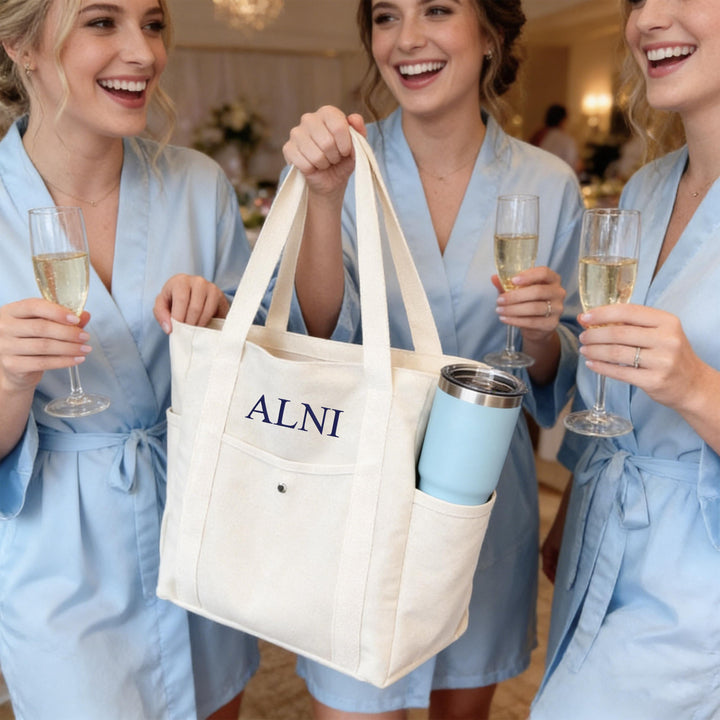 Personalized Embroidered Canvas Tote Bag – Custom Name Bag with Pockets