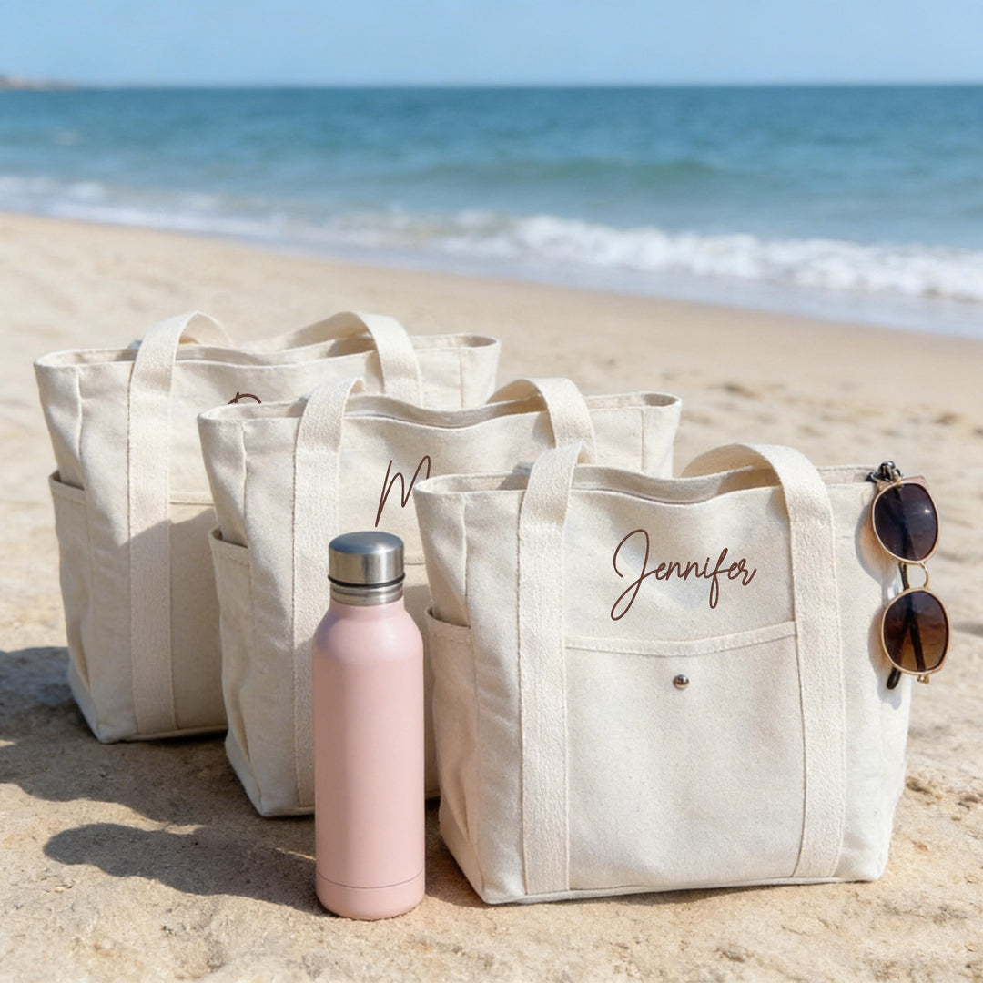 Personalized Embroidered Canvas Tote Bag – Custom Name Bag with Pockets
