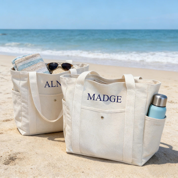 Personalized Embroidered Canvas Tote Bag – Custom Name Bag with Pockets