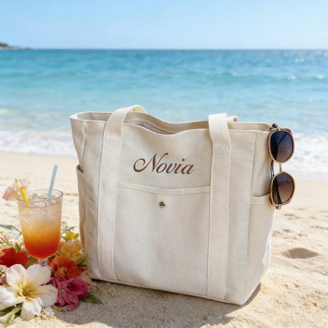 Personalized Embroidered Canvas Tote Bag – Custom Name Bag with Pockets