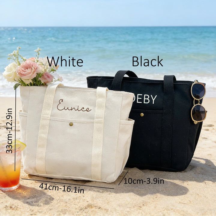Personalized Embroidered Canvas Tote Bag – Custom Name Bag with Pockets