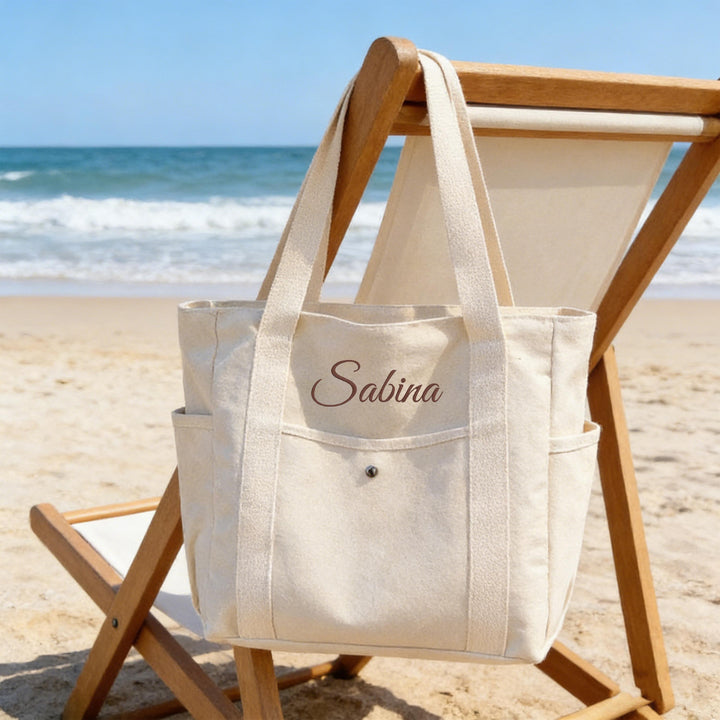 Personalized Embroidered Canvas Tote Bag – Custom Name Bag with Pockets