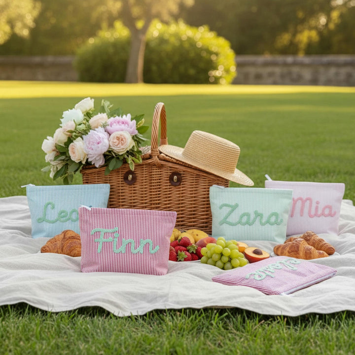 Personalised Seersucker Makeup Bag — Custom Chenille Name Cosmetic Pouch