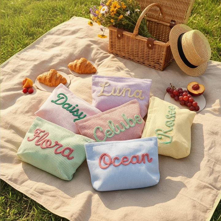 Personalised Seersucker Makeup Bag — Custom Chenille Name Cosmetic Pouch