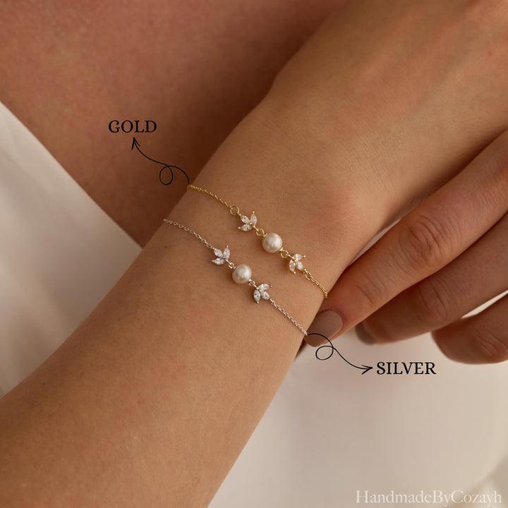 Diamond Leaf Pearl Bracelet, Freshwater Pearl Bracelet, Bridal Bracelet, Wedding Jewellery, Bridesmaid Gift, Mother's Day Gift for Her