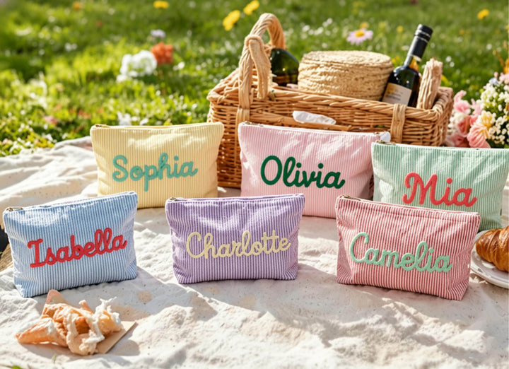 Personalised Seersucker Makeup Bag — Custom Chenille Name Cosmetic Pouch