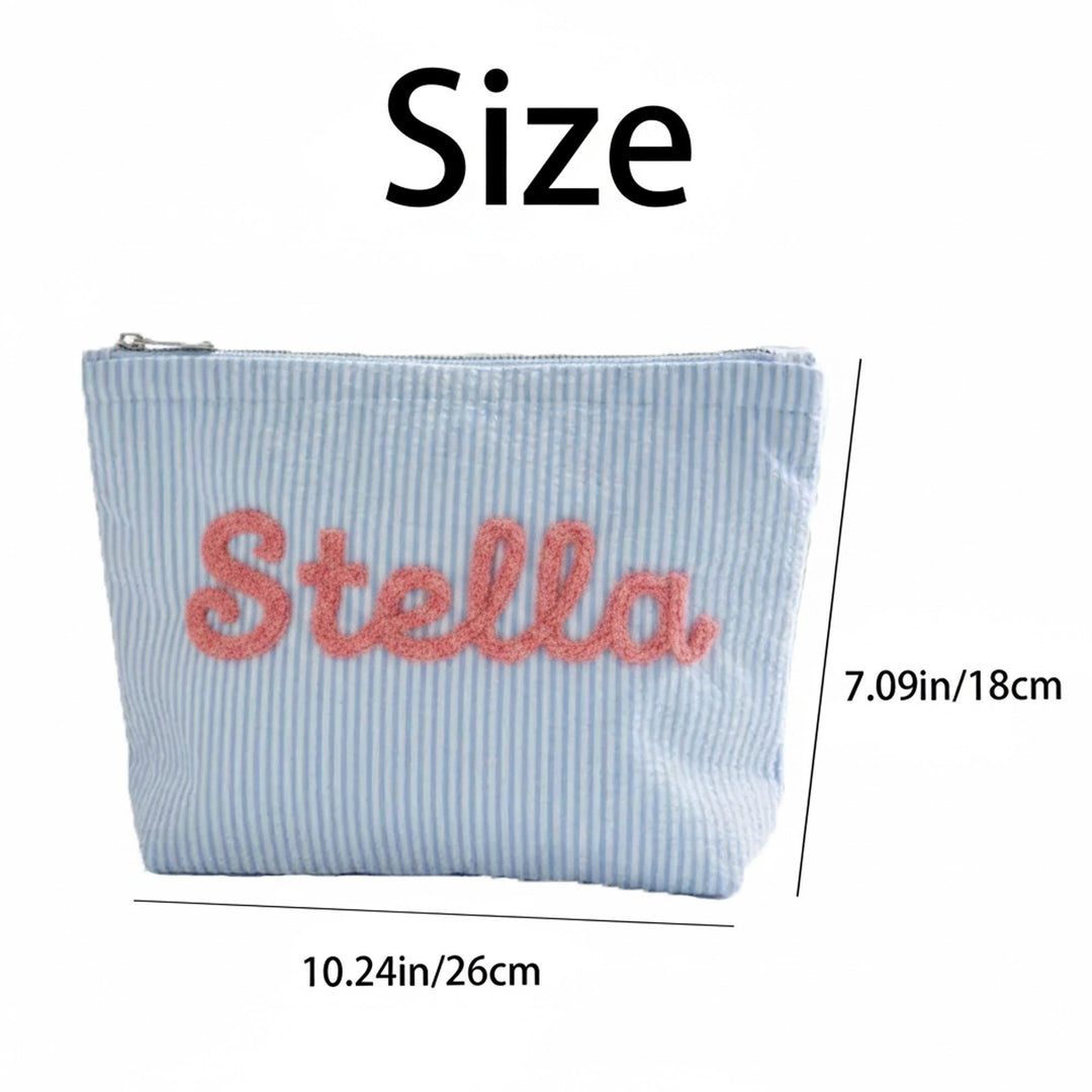 Personalised Seersucker Makeup Bag — Custom Chenille Name Cosmetic Pouch