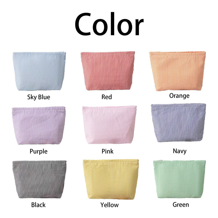 Personalised Seersucker Makeup Bag — Custom Chenille Name Cosmetic Pouch