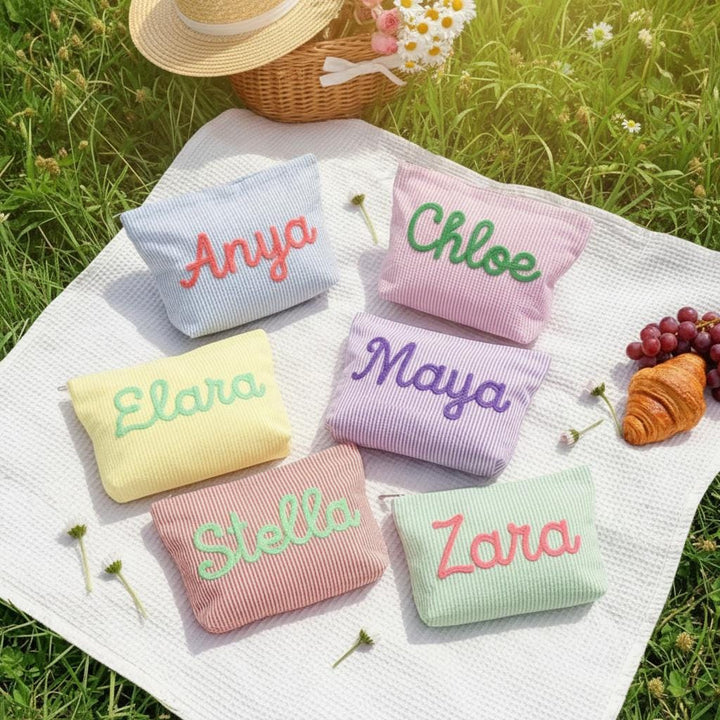 Personalised Seersucker Makeup Bag — Custom Chenille Name Cosmetic Pouch