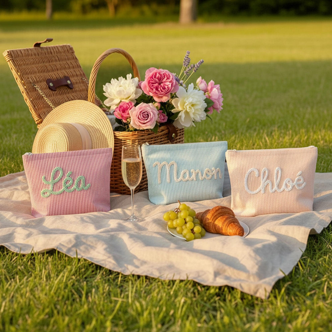 Personalised Seersucker Makeup Bag — Custom Chenille Name Cosmetic Pouch