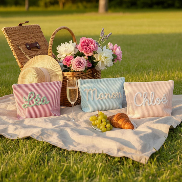 Personalised Seersucker Makeup Bag — Custom Chenille Name Cosmetic Pouch