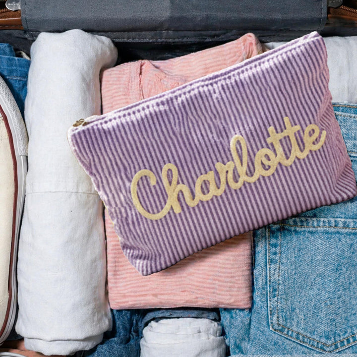 Personalised Seersucker Makeup Bag — Custom Chenille Name Cosmetic Pouch