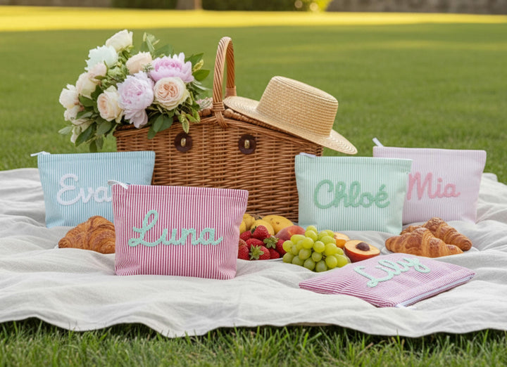 Personalised Seersucker Makeup Bag — Custom Chenille Name Cosmetic Pouch