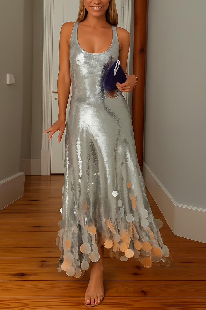 Party Tips Sequin Irregular Round Tassels Hem Back Cutout Tank Maxi Dress
