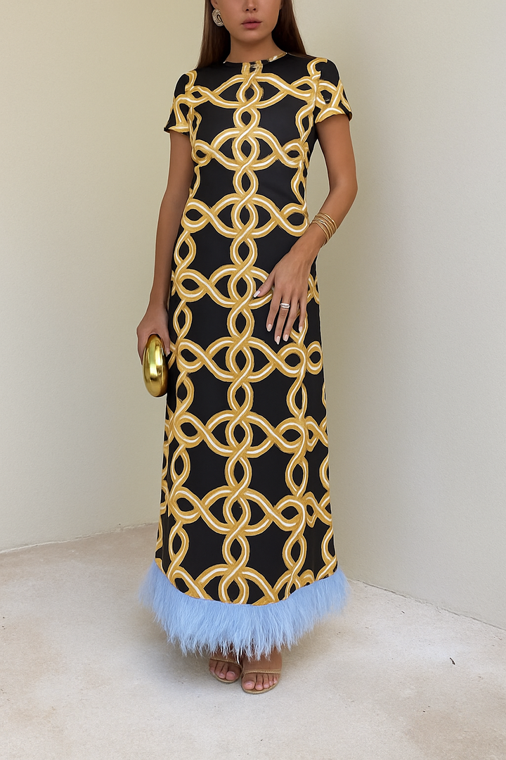 Annalisa Satin Court Style Contrast Color Printed Short Sleeve Pocket Feather Trim Maxi Dress
