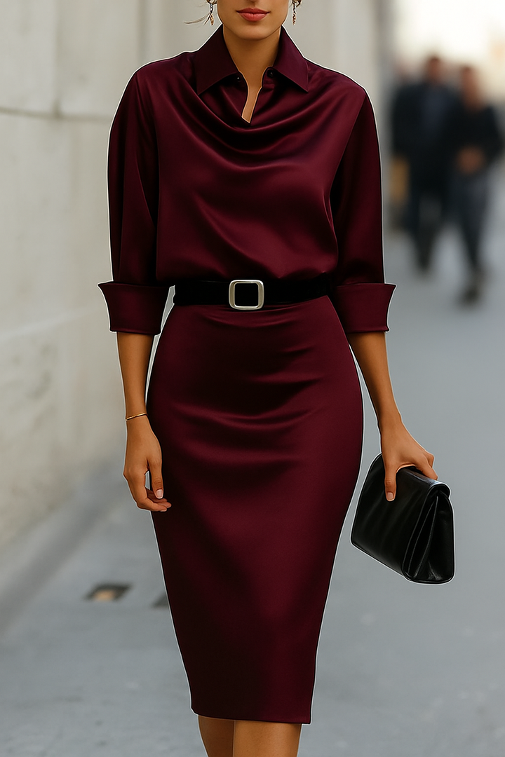 Solid Color Satin Lapel Long Sleeve Elegant Slim-fit Midi Dress