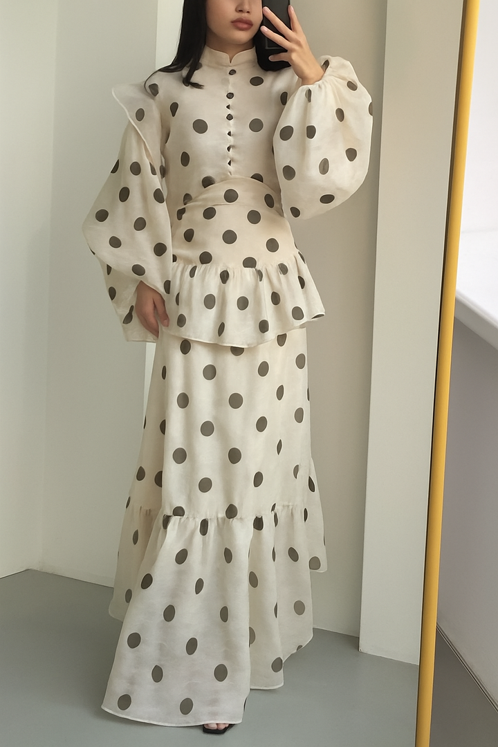 Stylish Polka Dot Print Stand Collar Long Sleeve Elegant Ruffle Maxi Dress