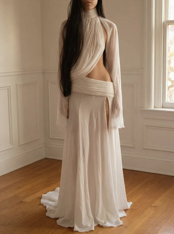 Sexy See-through High-neck Long-sleeved Draped Top and High-waisted Slit Maxi Skirt Vacation Set
