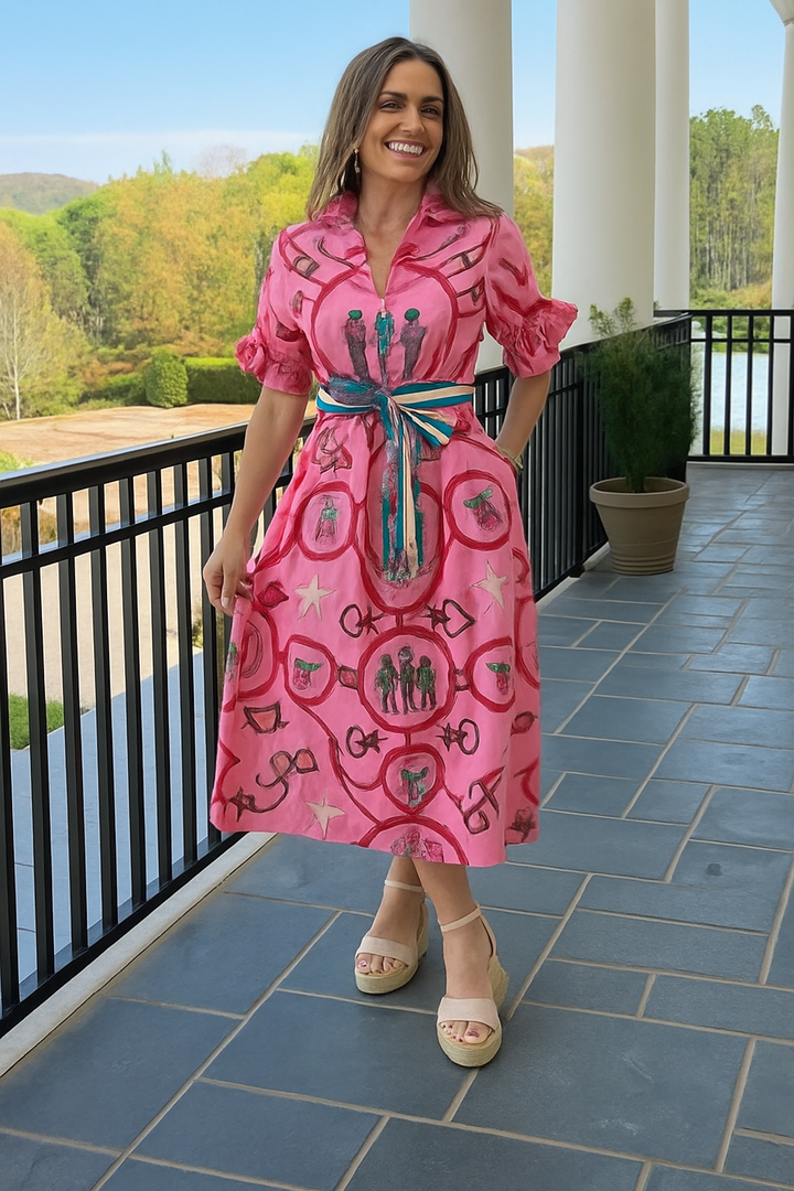 Churchill Social Playful Warhorse Print Stand Neck Ruffle Sleeve Belted Pocket Caftan Midi Dress