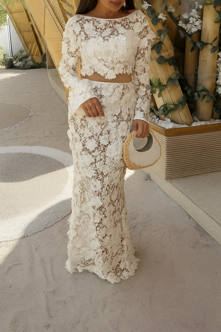 Stylish Long-sleeved Backless Lace Top and Elegant Openwork Maxi Fishtail Skirt Set