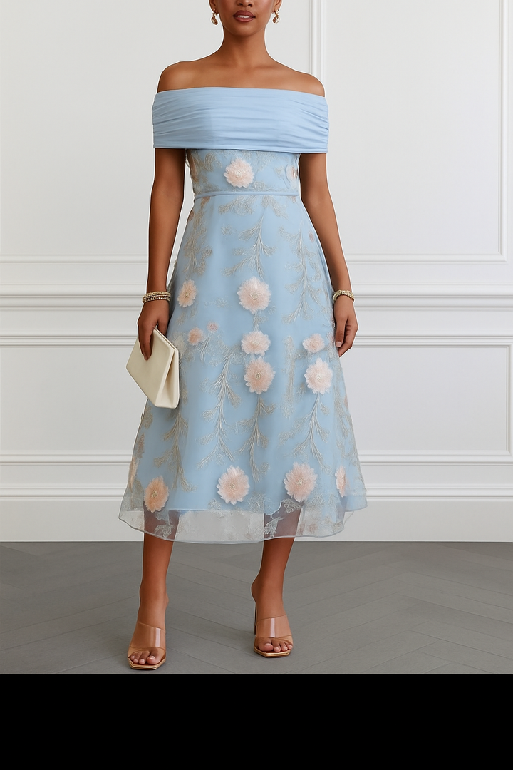 Elegant Ruched Off-Shoulder Floral Appliqué Midi Dress