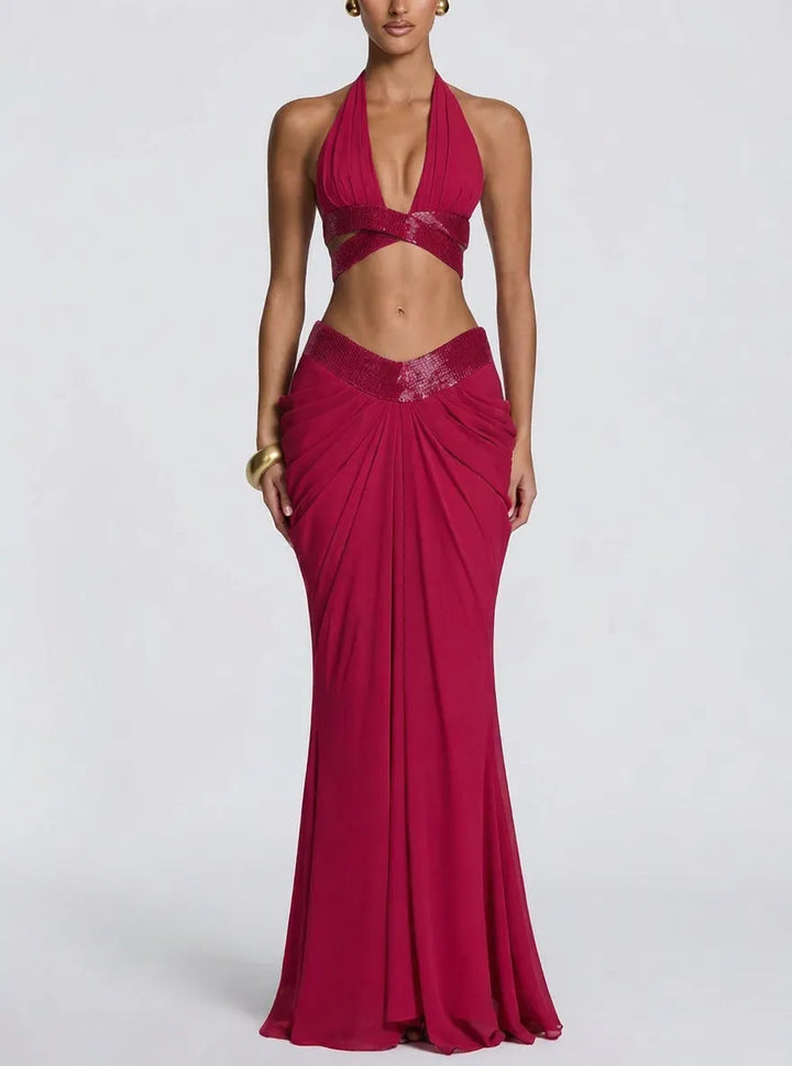 Sophie Chiffon Embellished Trim Crop Halter Tank and Dramatic Gathered Drape Maxi Skirt Set