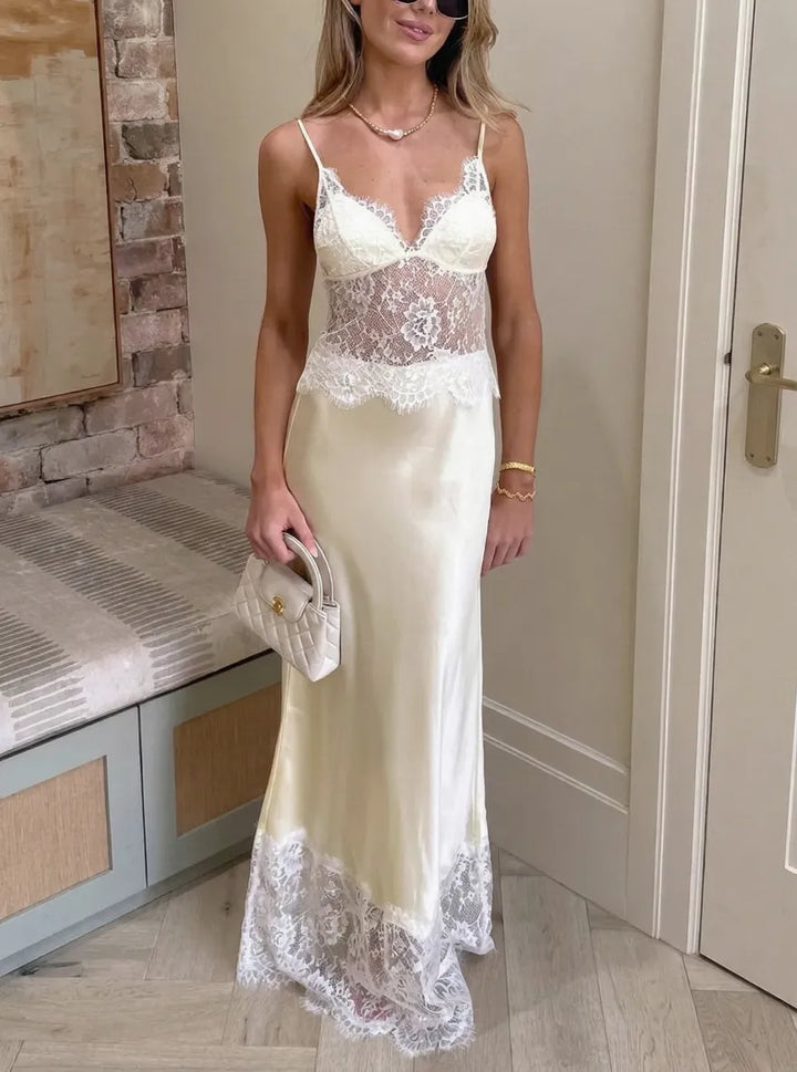 Fashionable Satin Lace Patchwork Sheer V-neck Elegant Slim-fit Maxi Dress