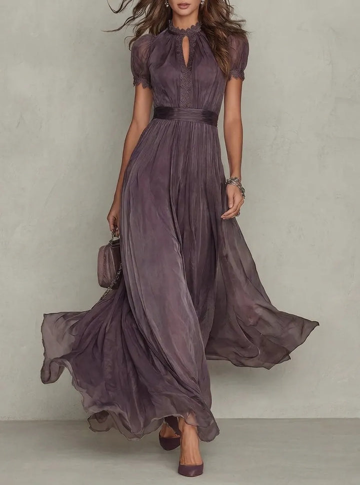 Elegant Lace Trim Keyhole Puff Sleeve Flowing Chiffon Maxi Dress