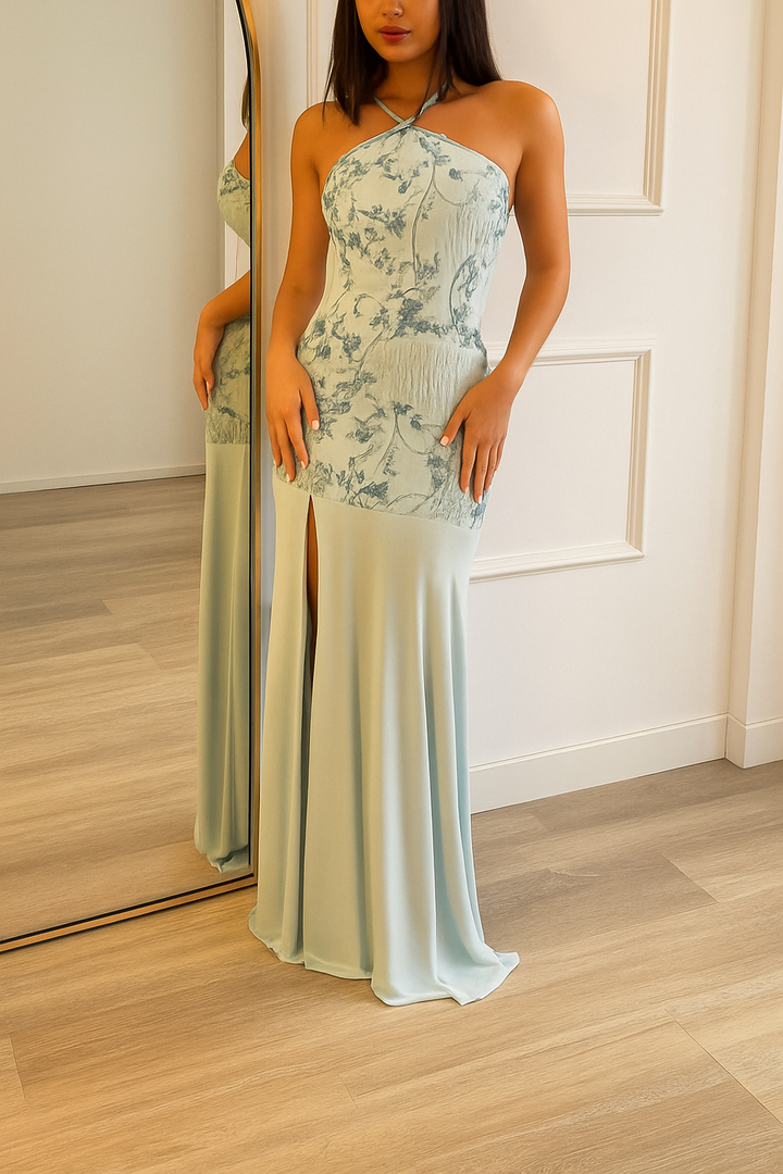 Fashionable Sequined Halter Neck Elegant Slim-fit Slit Maxi Dress