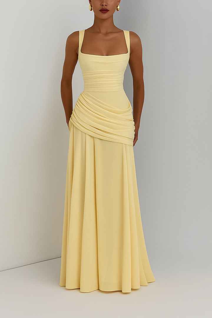 Stylish Spaghetti Strap Square Neck Slim-fit Elegant Pleated Maxi Dress