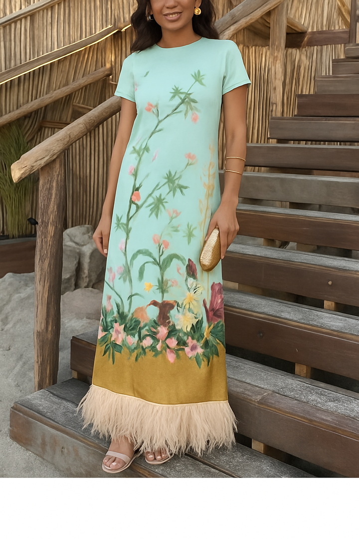 Mezcal Satin Floral Print Contrast Color Printed Short Sleeve Pocket Feather Trim Maxi Dress