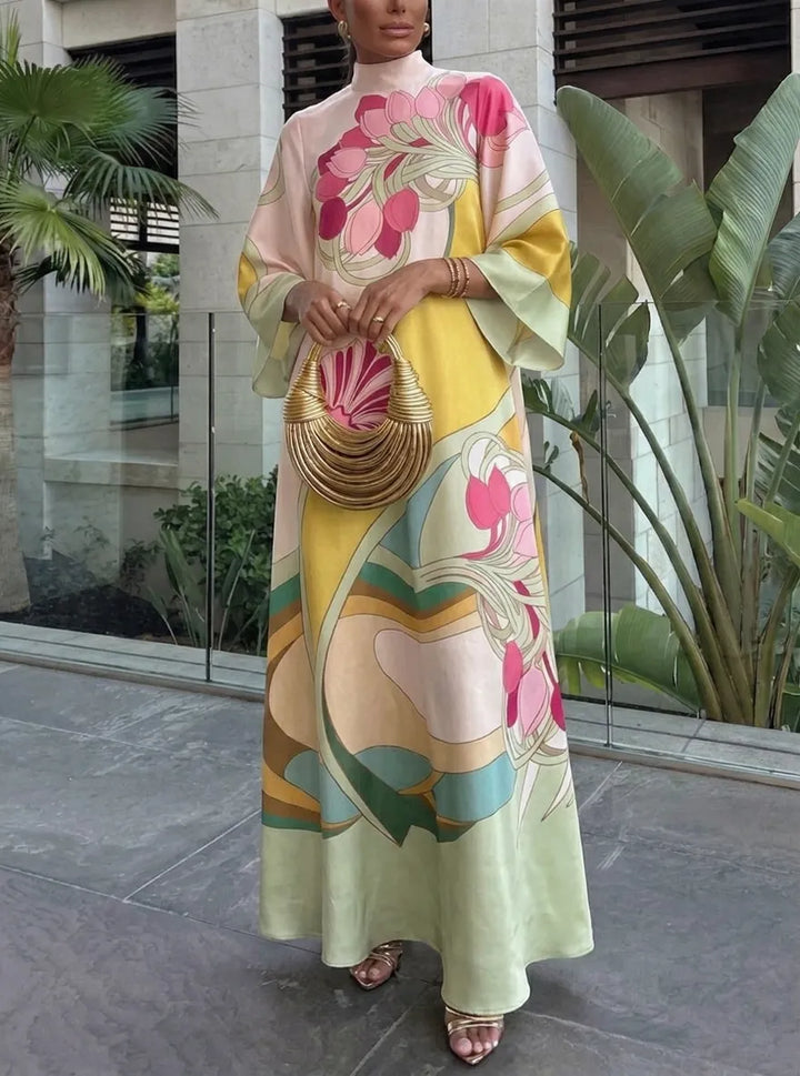 Darla Satin Colorful Baroque Style Printed Tie-up Neck Bell Sleeve Maxi Dress