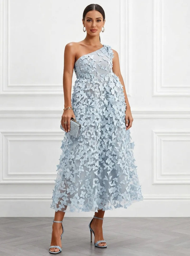 Lynelle Tulle 3D Floral Butterfly One Shoulder Sleeveless A-Line Midi Dress