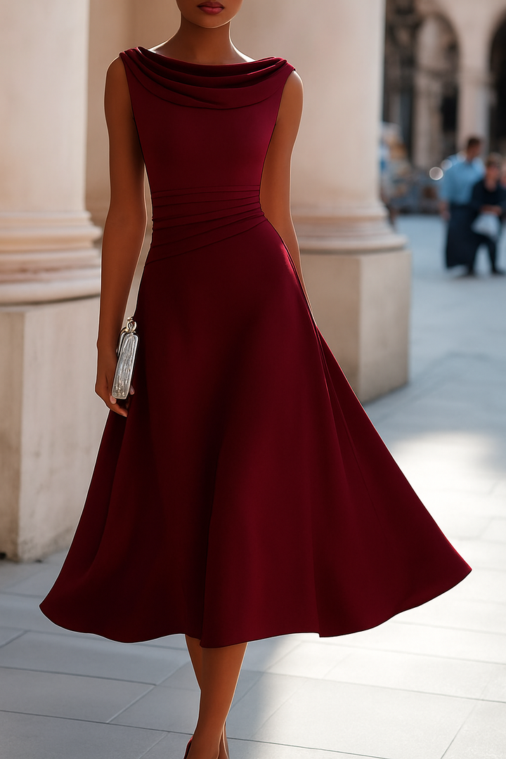 Solid Color Swing Collar Sleeveless Elegant Fitted Waist Full Hem Midi Dress
