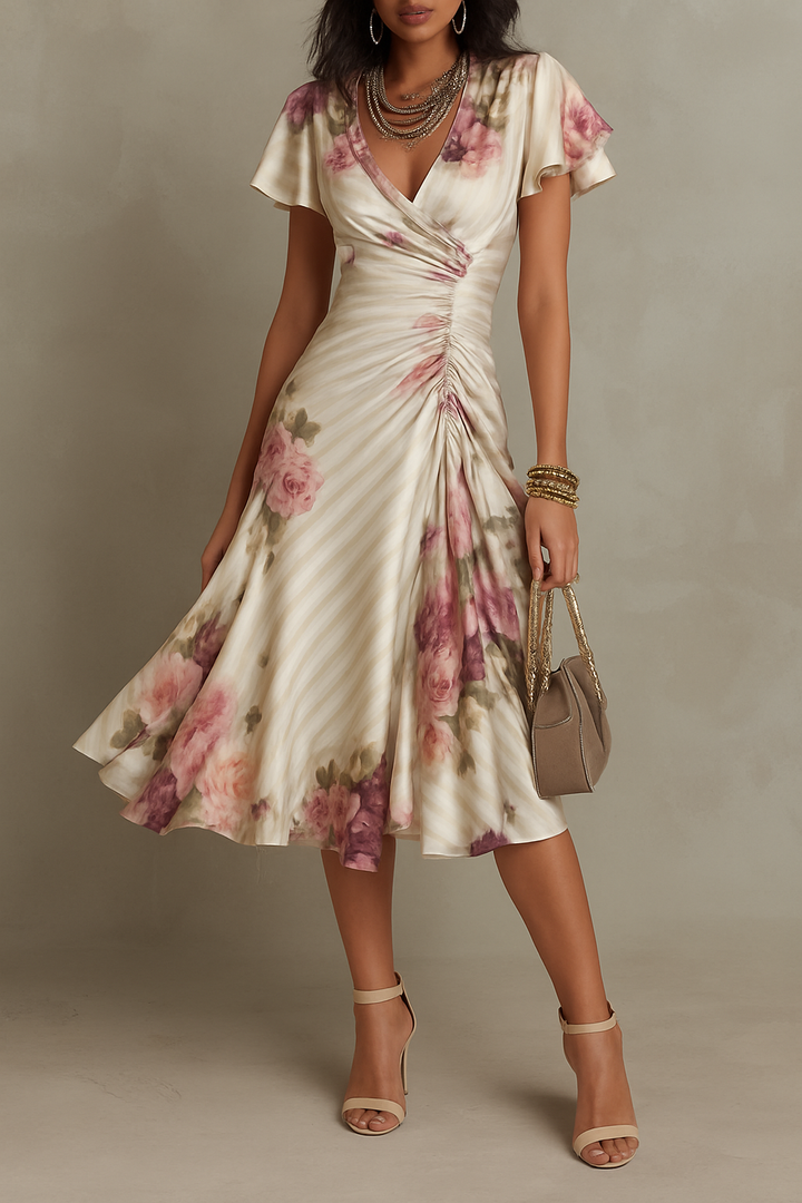 Floral Print V-neck Ruffled Sleeves Waist-cinching Pleated Elegant Midi Dress