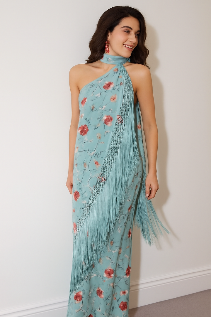 Floral Print Halter Neck Sleeveless Elegant Tassel Maxi Dress