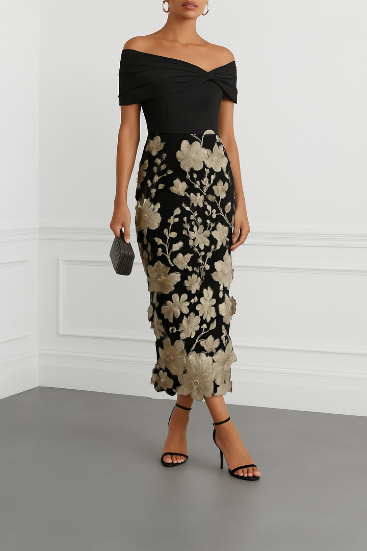 Classic 3D Floral Embroidery Off The Shoulder Short Sleeve Sheath Midi Dress