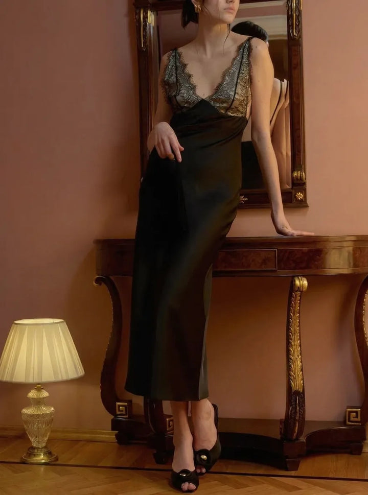 Fashionable Satin Lace Patchwork Spaghetti Strap Backless Elegant Slim-fit Maxi Dress
