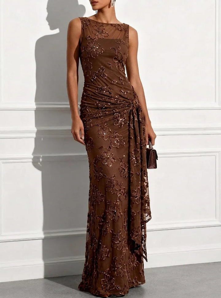 Solana Sequin Jacquard Boat Neck Sleeveless Tie-up Hem Sheath Floor-length Gown Dress