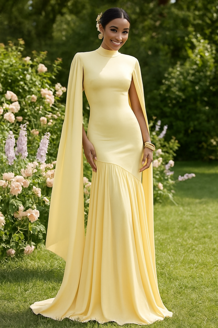 Elegant High-Neck Cape Detail Maxi Dress