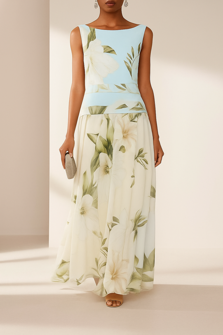 Classic Floral Print Boat Neck Ruched Waist Sleeveless A-Line Maxi Dress