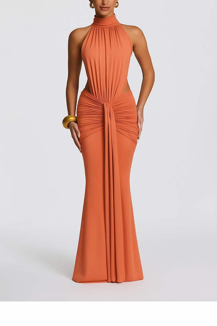 Thekla Stretch Slinky Jersey High Neck Ruched Backless Drape Maxi Dress