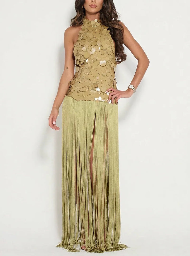Eye-catching Metallic Disc Sequin Embellishments Overlay Fringe Hem Halter Neck Maxi Dress