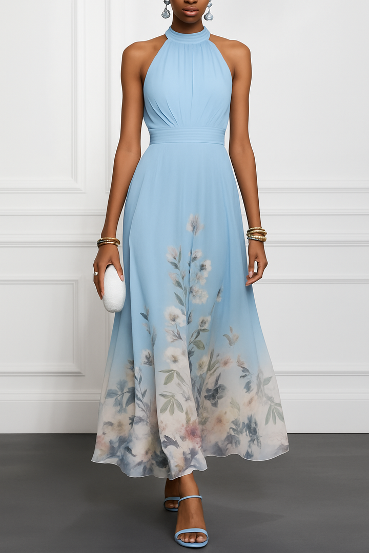 Floral Print Halter Neck Sleeveless Elegant Waist-cinching Maxi Dress