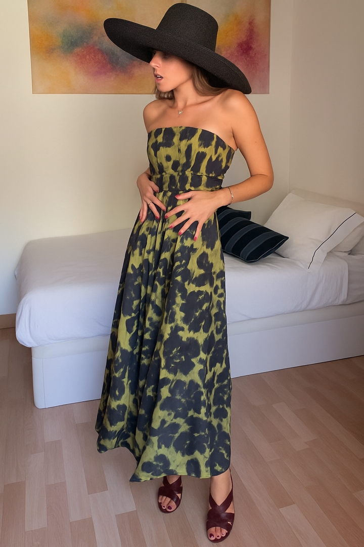 Elara Linen Blend Floral Print Princess Line Design Detachable Sleeves Maxi Dress